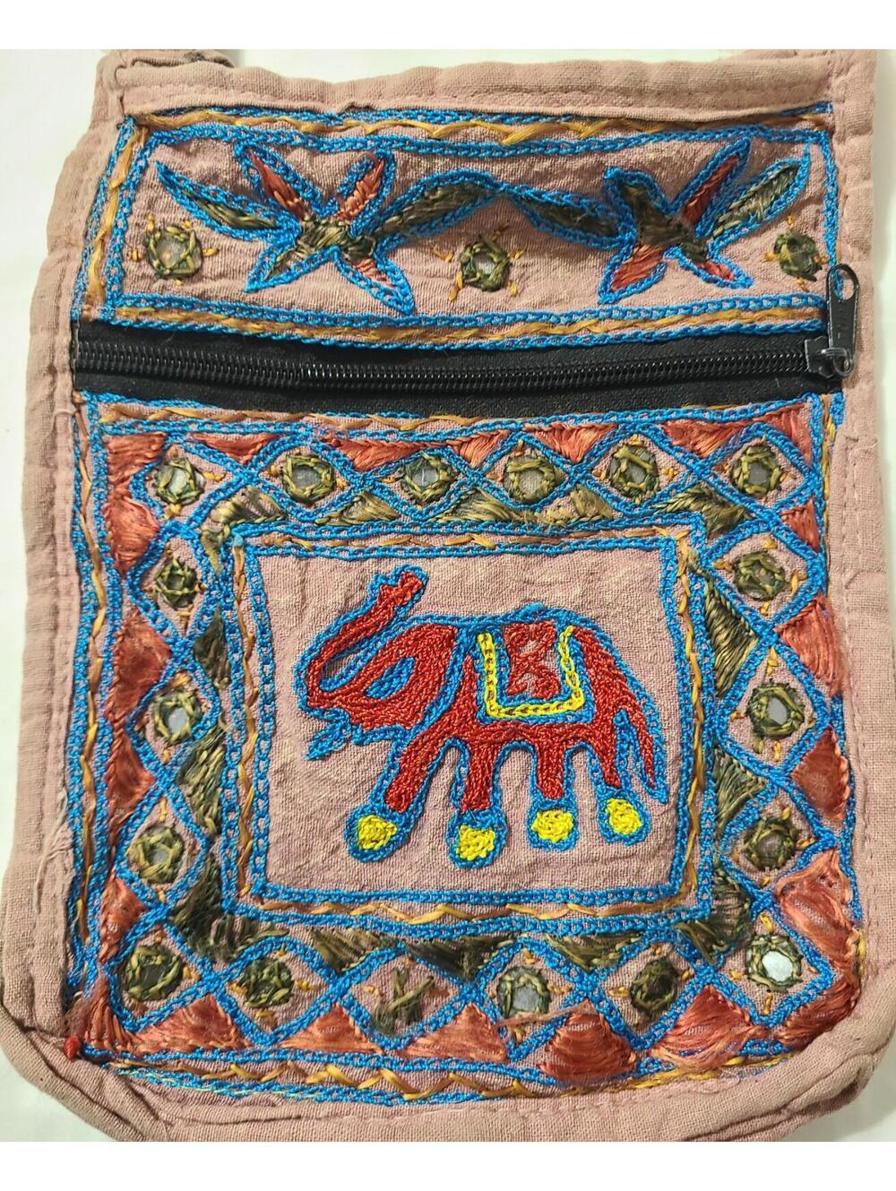 Handmade Indian Crossbody Handbag Embroidery Elephant Brown Boho Gypsy Messenger